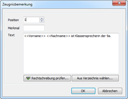 Dialogfenster Zeugnisbemerkungen